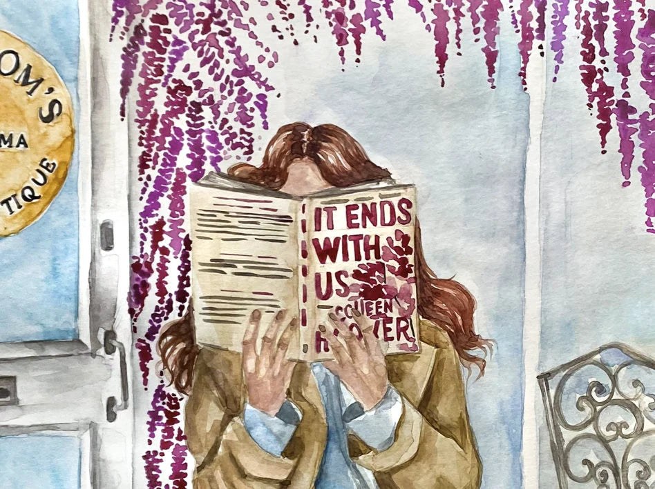 Lily Bloom reading It Ends With Us by Colleen Hoover outside her flower boutique | It Ends With Us book art print