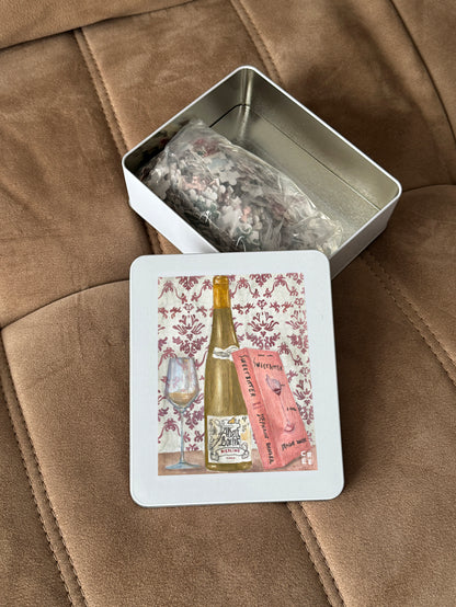 A bottle of Riesling wine and Sweetbitter book | 500 pcs jigsaw puzzle in metal box