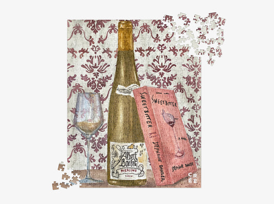 A bottle of Riesling wine and Sweetbitter book | 500 pcs jigsaw puzzle in metal box