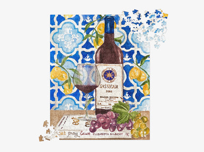 A bottle of red wine and Eat Pray Love book | 500 pcs jigsaw puzzle in metal box